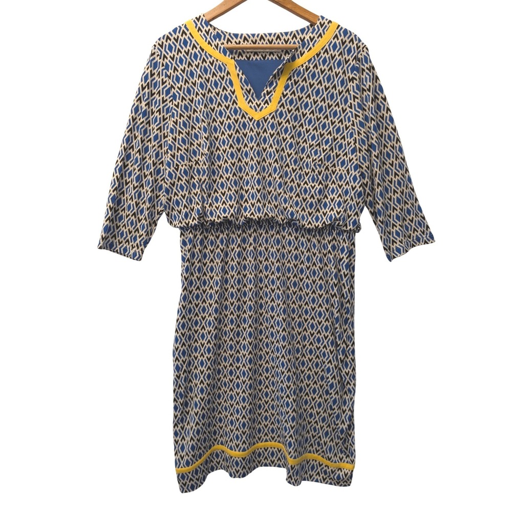 Peter Nygard Dress Women Blue Geometric Diamond Print Yellow Trim Excellent Mod